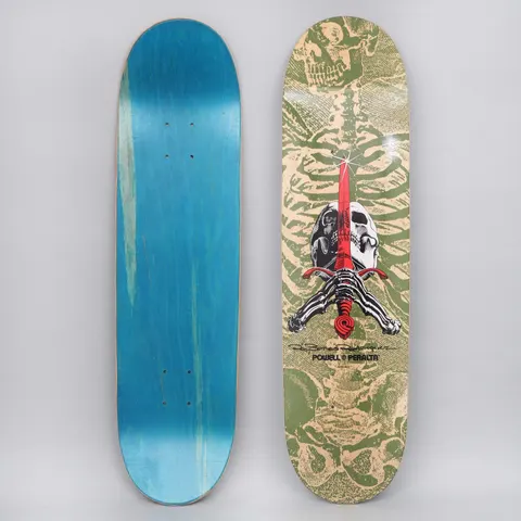 Powell Peralta Peralta 8.25 Skull & Sword Shape 248 Olive skateboard deck: Natural wood deck with an olive-green printed skeleton rib cage and spine behind a skull and crossed hands gripping a red sword with a Powell Peralta swirl on the hilt. Signature and brand name below.