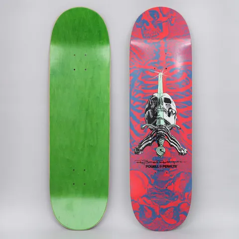 Powell Peralta Peralta 9 Skull & Sword Shape 246 Red skateboard deck: The Skull and Sword: a skull with a sword and skeletal hands, over a red and blue ribcage and pelvis pattern with a faint skull at the top. Signature and Powell Peralta logo sit below. The underside is green.