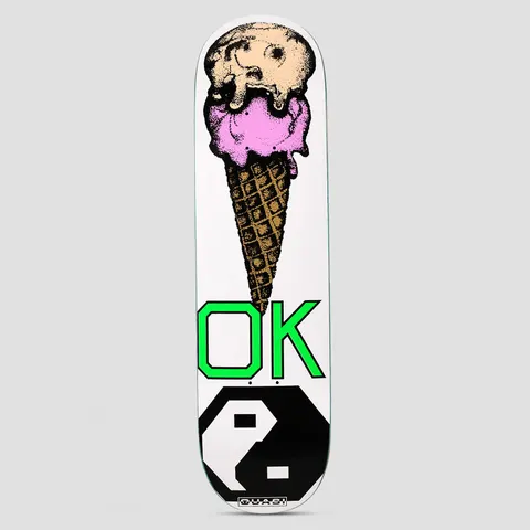 Quasi Quasi 8.125 Okay 1 skateboard deck: Stippled double-scoop ice cream cone, peach over pink, above large green 'OK' lettering and a black yin-yang style symbol, on a white deck. Small Quasi logo at the tail.