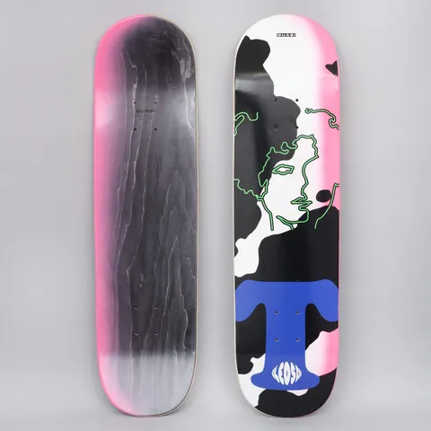 Quasi Quasi 8.25 Bledsoe Jane skateboard deck: Abstract graphic of a green neon outlined profile face over black and white blotches on a pink-fading deck, with a blue T-shaped form and small logo at the tail. Quasi logo at the top. Both sides shown.