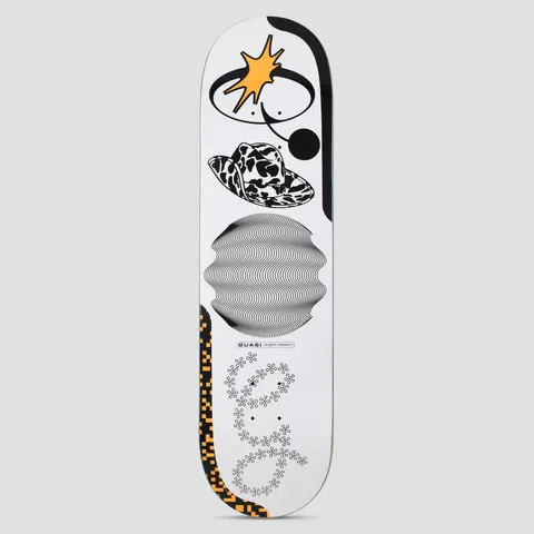 Quasi Quasi 8.25 Crockett Bellyachin skateboard deck: Stacked abstract motifs on a white deck: an orange starburst in a black ring, a cow-print cowboy hat, a wavy-line optical sphere, and rings of small flowers, with orange and black pixelated borders. Small Quasi label with rider name.