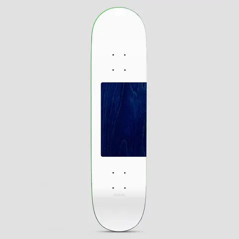 Quasi Quasi 8.25 Proto 1 skateboard deck: Plain white deck with a single dark navy stained-wood rectangle showing through across the middle, running off the right edge. Tiny Quasi wordmark near the tail.