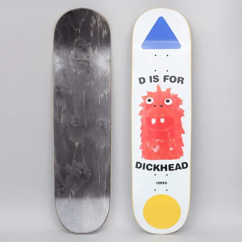 Quasi Quasi 8.25 Rizzo Dickhead skateboard deck: White deck with a photographed red furry toy monster with two buck teeth, framed by the words 'D is for' above and 'Dickhead' below. A blue triangle sits at the top and a yellow circle at the bottom. The photo also shows the black underside.
