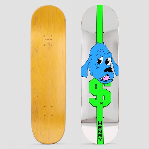 Quasi Quasi 8.375 Henry Moneydog skateboard deck: A blue cartoon dog head with floppy ears sits on a large green dollar sign, with a green vertical stripe down a chrome silver deck and the name Henry in black at the bottom. The photo also shows the plain underside.