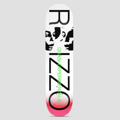 Quasi Quasi 8.375 Rizzo Two Face skateboard deck: White deck with huge black letters spelling the rider name down its length, a high-contrast black photocopy-style pair of faces across the middle, and green vertical 'Quasi-Experimental' text. The tail fades to hot pink.