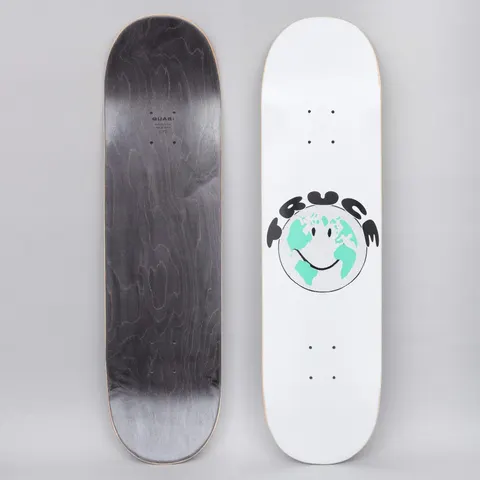 Quasi Quasi 8.375 Truce One White skateboard deck: White deck with a smiling globe face in mint green and grey, with 'TRUCE' arched over the top in bubbly black letters.