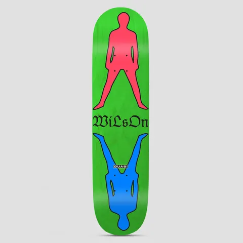 Quasi Quasi 8.375 Wilson Stance skateboard deck: Two mirrored silhouettes of a person standing with legs apart, one pink at the top and one blue upside down at the bottom, with blackletter Wilson lettering between them. Bright green deck with a small Quasi logo.
