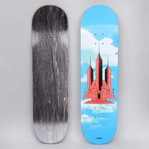 Quasi Quasi 8.5 Johnson Time Chamber skateboard deck: A coral-red building with tall black spires and a domed base, with small clock and hourglass details, floating among white clouds in a bright blue sky. The black-stained underside is shown beside it.