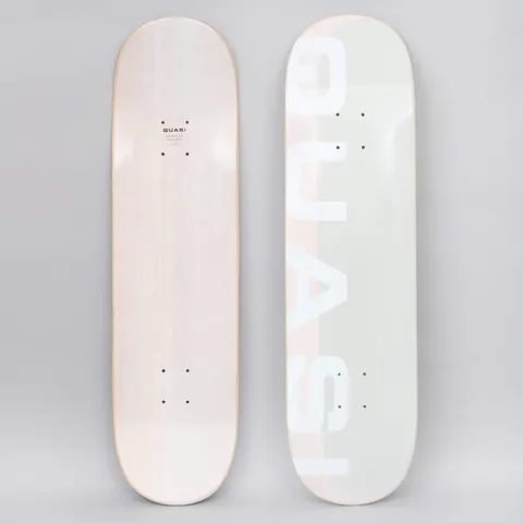 Quasi Quasi 8.5 Mono Phade Two skateboard deck: Large white block capitals spelling the brand name, running vertically and cropped at the edge, over a pale grey-green and blush pink panel. Minimal typographic design.