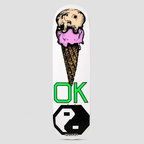 Quasi Quasi 8.625 Okay 2 skateboard deck: Stippled double-scoop ice cream cone in peach and pink pointing down to a large green 'OK' above a black and white yin-yang symbol, on a white deck.