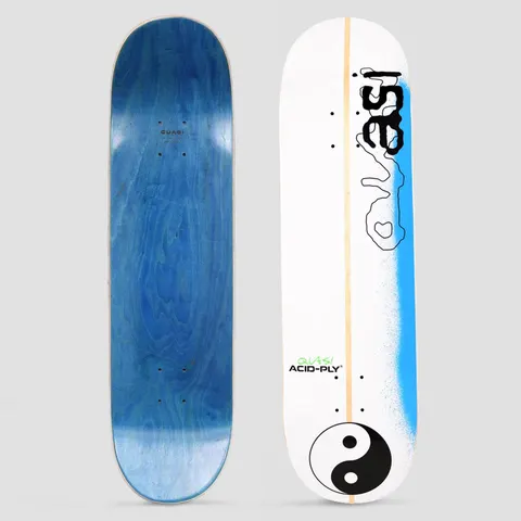 Quasi Quasi 8.625 Surfa 1 skateboard deck: White deck with a natural wood stripe down the middle, wobbly black Quasi lettering beside a blue spray strip, a yin-yang symbol at the tail, and Quasi Acid-Ply text. Blue-stained underside also shown.