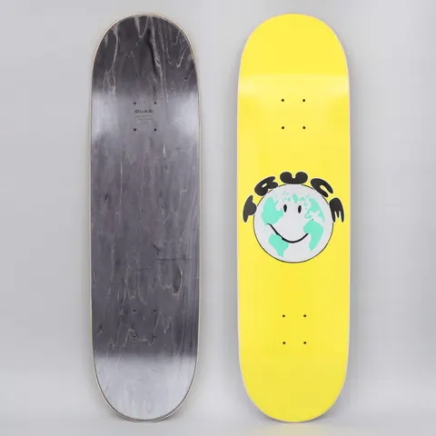 Quasi Quasi 8.75 Truce Two Yellow skateboard deck: Yellow deck with a grey globe with a smiley face and mint-green continents, with the word TRUCE in black bubbly letters arched over the top.