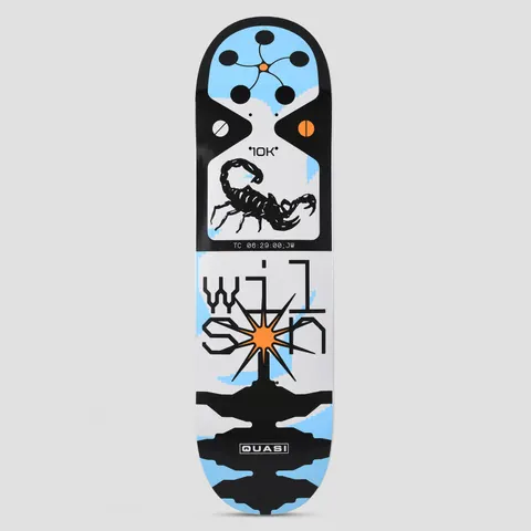 Quasi Quasi 8.75 Wilson Y2K skateboard deck: A black scorpion in a white panel marked 10K, with a timecode caption, above pixel-style lettering spelling Wilson around an orange starburst, on a white, black and pale blue geometric layout with circles and symmetrical shapes.