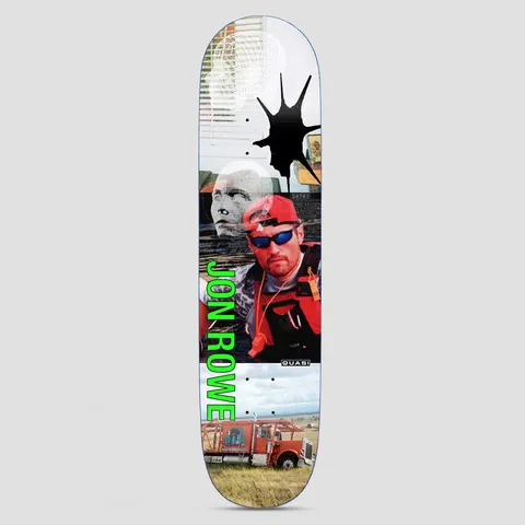 Quasi Quasi 8 Rowe Bub skateboard deck: Photo collage of a man in a red cap, sunglasses and life jacket, with a pale statue head, a black ink splat and a red lorry in a field. JON ROWE runs vertically in green.