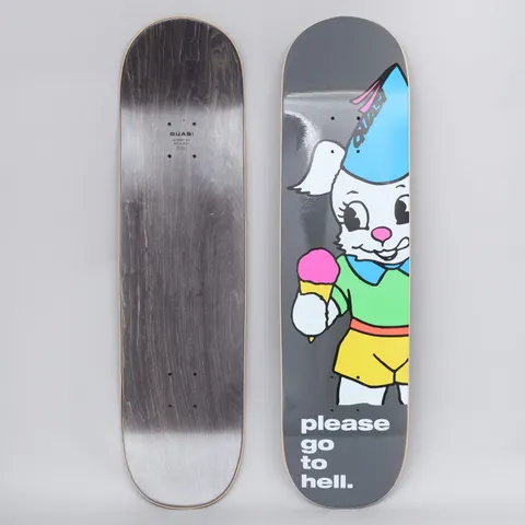 Quasi Quasi 8.25 Go To Hell Grey skateboard deck: Grey deck with a cartoon white bunny in a blue party hat, green shirt and yellow shorts holding a pink ice cream cone, with the words please go to hell in white lower case at the bottom. Underside shown alongside.