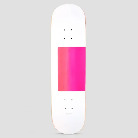 Quasi Quasi 8.25 Proto 1 SP24 skateboard deck: Plain white deck with a single pink rectangular block of bare stained wood showing in the middle and a tiny QUASI wordmark near the tail.