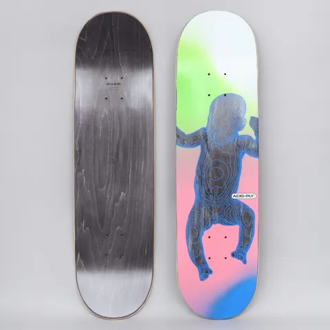 Quasi Quasi 8.375 Star Child skateboard deck: Blue line-drawn, contour-map style figure of a baby with raised arms, floating over a soft gradient of white, green, pink and blue. A small 'ACID-PLY' badge sits at the right. The reverse is black stain with a small Quasi mark.
