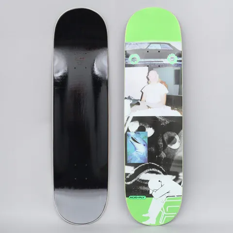 Quasi Quasi 8.5 CBD Car Green skateboard deck: Stacked grainy photo collage on a bright green deck: a dark car with decorated wheels, a bald figure seated at a table, a dolphin hologram over a black cat-like face, and a white seated figure silhouette. Small Acid-Ply tag. Black underside also shown.