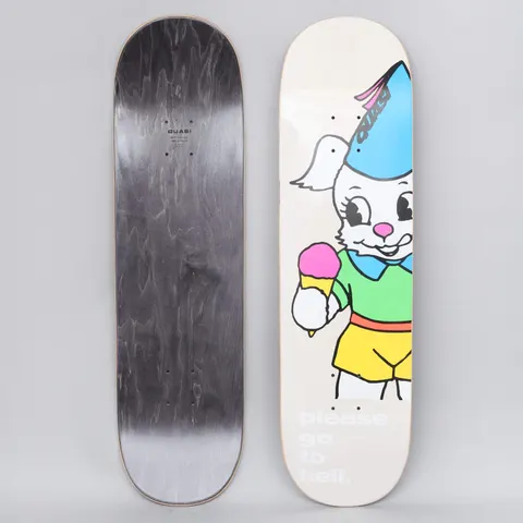 Quasi Quasi 8.5 Go To Hell Off White skateboard deck: Cartoon white rabbit in green shirt and yellow shorts, wearing a blue party hat and holding a double-scoop ice cream cone, on an off-white deck with pale white text at the tail. Black underside also shown.
