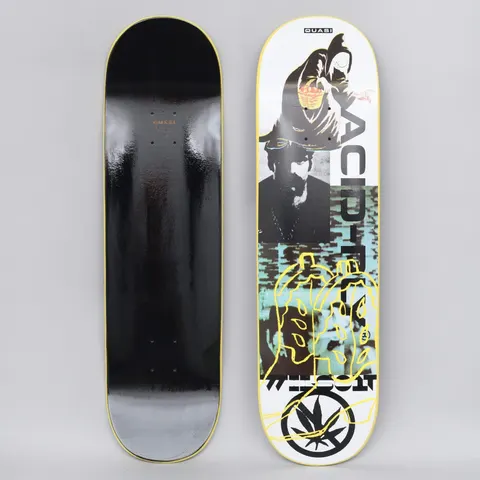 Quasi Quasi 8.5 Wilson Acid Ply Yellow skateboard deck: White deck with a collage of a hooded figure holding a basket, a bearded man's black and white portrait and a teal glitchy image, overlaid with yellow line drawings and a cannabis leaf in a circle. ACID-PLY runs vertically with a black bottom view alongside.