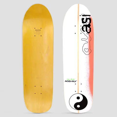 Quasi Quasi 9.0 Surfa 2 skateboard deck: White shaped deck with a wobbly hand-drawn black Quasi logo running down the right side over a pink-orange spray fade, a natural wood stripe down the centre, a green Quasi Acid-Ply mark and a large yin-yang symbol at the tail.