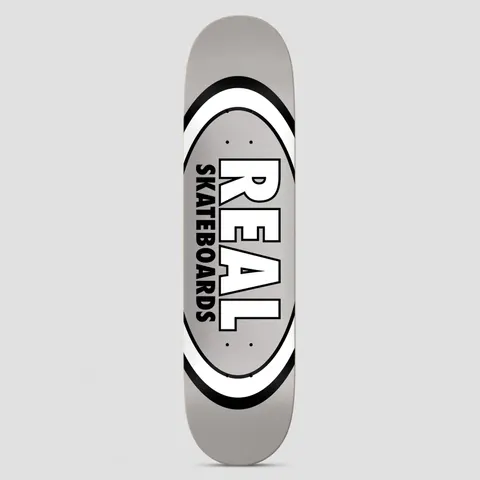 Real Team Classic Oval True Mid Grey skateboard deck: Mid-grey deck with the Real classic oval logo in white and black, with REAL SKATEBOARDS lettering inside the oval.