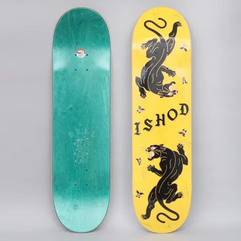 Real Ishod Cat-Scratch TT Yellow / Black skateboard deck: Yellow deck with two black panthers in traditional tattoo style, one climbing down and one prowling up, with small flowers and 'ISHOD' in gothic black lettering between them.