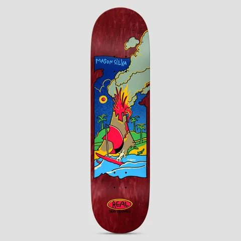 Real Mason Volcano DBX Multi skateboard deck: Framed colourful cartoon scene of an erupting volcano with palm trees and a figure on a red sailboat on a blue sea, on a dark red wood-stained deck. Rider name at top of frame and Real oval logo at the bottom.