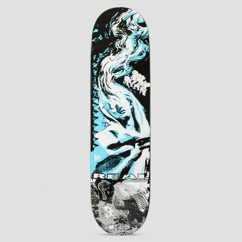 Real Toby Ryan Duplicator Multi skateboard deck: High-contrast black, white and cyan photocopy-style image of a draped figure in swirling smoke or cloth, with the rider name in graffiti-style lettering, the Real wordmark and a grey collage of doodles and textures at the tail.