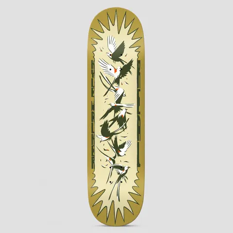 Real Kyle Flock Easy Rider skateboard deck: Flock of white and olive-green birds with long tails and orange flecks, flying in a vertical stack that forms lettering inside a pale cream sunburst on a mustard deck. Vertical text runs down both sides.
