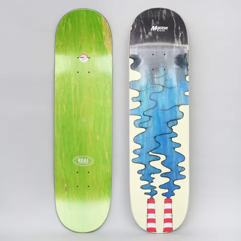 Real Mason Silva Clean Air Full skateboard deck: Two red and white striped factory chimneys at the bottom pour wavy blue smoke up a cream deck, darkening to grey and black at the top. The rider name is at the nose. The green underside is also shown.