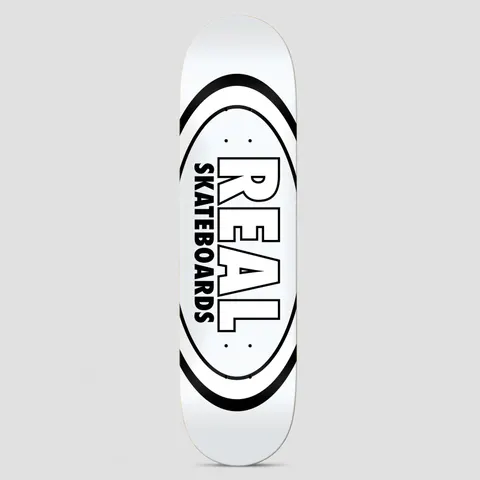 Real Team Classic Oval White skateboard deck: Real Skateboards classic oval logo with bold outlined REAL lettering and SKATEBOARDS running vertically inside a black-ringed oval, on a plain white deck.