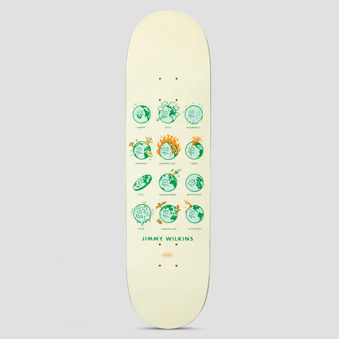 Real Jimmy How Are You Cream skateboard deck: A grid of twelve cartoon planet Earths, each with a different mood or ailment and captioned in small capitals, in green and orange line art on a cream deck. The rider's name and a small Real logo sit below.