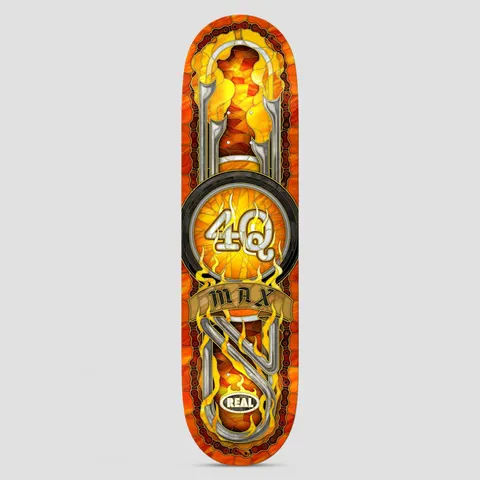 Real Max Schaff 4Q Cathedral MX Orange skateboard deck: A stained-glass style design in oranges and yellows, centred on a motorbike wheel with '4Q' on a flaming hub, with chrome handlebars and an exhaust above and below. A gold scroll banner carries the rider's first name.