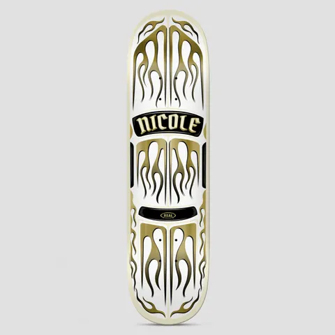 Real Nicole Ember skateboard deck: Symmetrical gold-and-white flame pattern resembling a custom car bonnet, with a black plate reading NICOLE in gothic lettering and a small Real logo plate below. Cream edge.