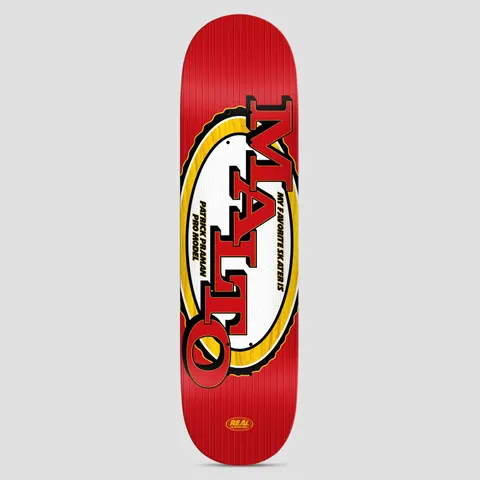 Real Praman Favorite Skater skateboard deck: A parody of the Malto Chex-style oval logo: a large yellow-bordered white oval with big red block letters 'MALTO' on a red pinstriped deck. Small text inside reads as a pro model line. Real logo at the tail.