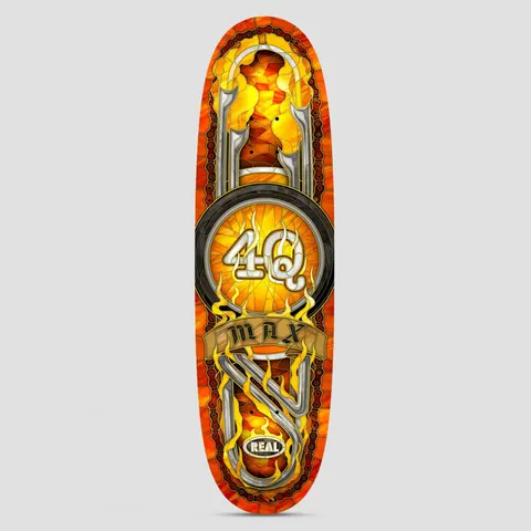 Real Max Schaff 4Q Cathedral BBS Orange skateboard deck: Stained-glass style design in oranges and yellows on a shaped deck, with chrome motorcycle exhaust pipes, a tyre and flames. A scroll banner reads 'Max' beneath a '4Q' badge. Real logo at the tail.
