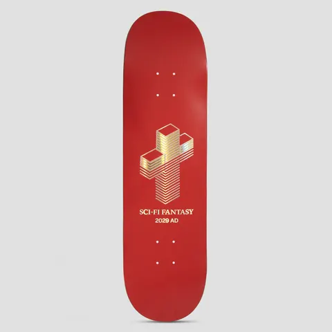 Sci-Fi Fantasy 2029 skateboard deck: Gold foil isometric drawing of stacked slabs forming a cross, centred on a plain red deck, with SCI-FI FANTASY and 2029 AD in small gold type beneath.