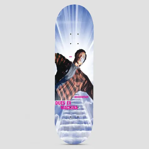 Sci-Fi Fantasy Jerry Hsu Dues Ex Machina skateboard deck: Photograph of a smiling man in a checked shirt, seen from below with arms outstretched, floating above a staircase of clouds with bright rays in a blue sky. Small pink text beside him and bold pink title lower down.