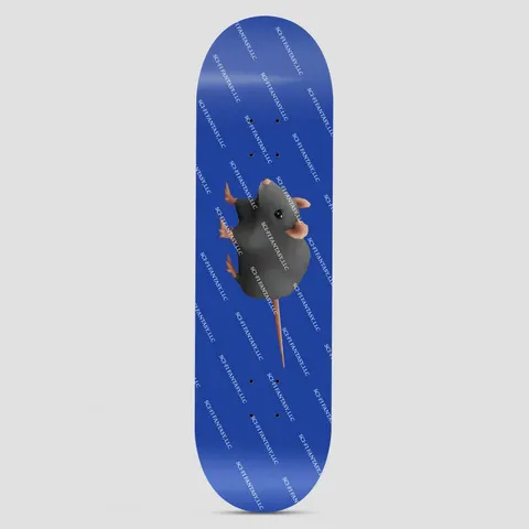 Sci-Fi Fantasy Ryan Lay Rat Board skateboard deck: Royal blue deck with a 3D-rendered grey rat in the centre, overlaid with a repeating diagonal pattern of small white brand text.