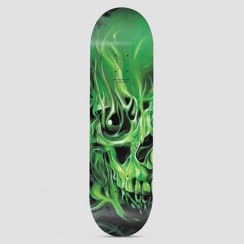 Sci-Fi Fantasy Corey Glick Skulls Green skateboard deck: Airbrushed close-up of a skull wreathed in swirling green flames against a dark background, with small brand and rider text on the upper deck.