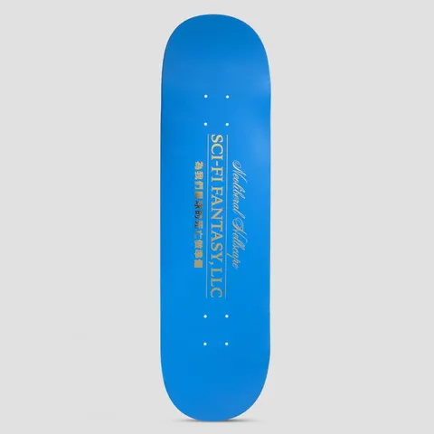 Sci-Fi Fantasy Neoliberal Hellscape Blue skateboard deck: Plain royal blue deck with gold corporate-style lettering in the centre: the company name with Chinese characters beneath and a cursive line running alongside, framed by thin rules.