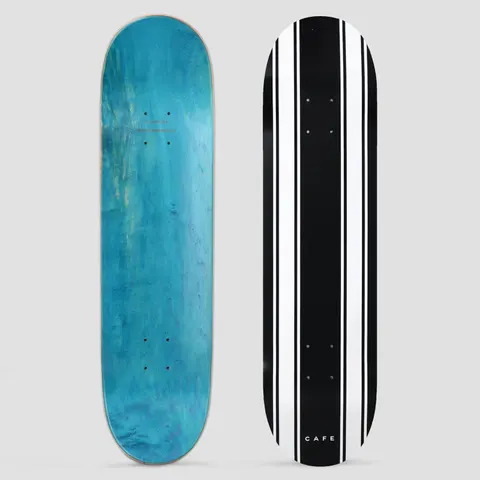 Skateboard Cafe Stripe Black / White skateboard deck: Black deck with bold white vertical racing stripes running the full length, with small CAFE lettering at the tail. The underside is stained turquoise.