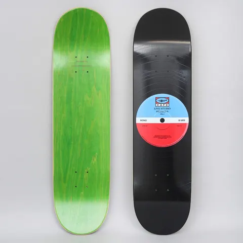 Skateboard Cafe 45 Blue / Red skateboard deck: Black deck made to look like a vinyl record, with fine grooves and a blue and red centre label carrying a Cafe logo and record-sleeve style text. The underside is green.