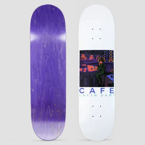 Skateboard Cafe Layth Sami Barfly White skateboard deck: Illustration of a man in green sitting alone on a stool at a curved bar in a dim purple and orange room with stained glass windows, above blue CAFE and LAYTH SAMI lettering on a white deck.