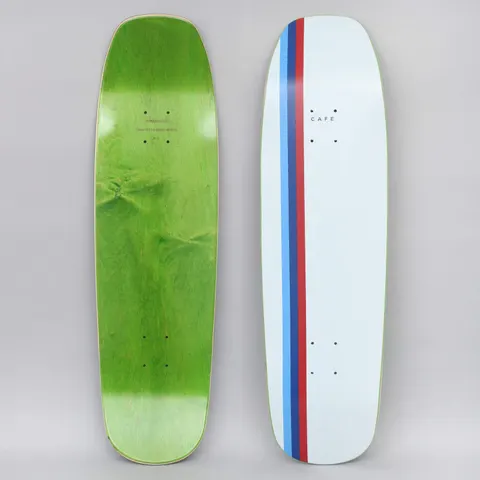 Skateboard Cafe Stripe Cruiser White / Blue / Navy / Red skateboard deck: Pale blue-white cruiser-shaped deck with three narrow stripes in light blue, navy and red running down one side, and a small 'Cafe' wordmark near the top.