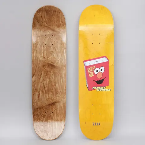 Sour Albert Elmo Savings Yellow skateboard deck: Red money tin with an Elmo face, labelled Savin' up for a new Elmo shirt, with ALBERT NYBERG in yellow lettering below on a yellow-stained deck. SOUR is printed near the tail.