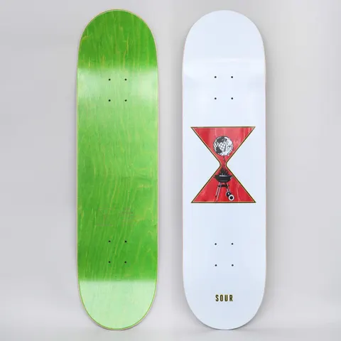 Sour Global BBQ Pale Blue skateboard deck: Red hourglass shape containing a globe at the top and a barbecue grill at the bottom, with smoke between them, set on a pale deck. Sour wordmark near the tail; underside is green.