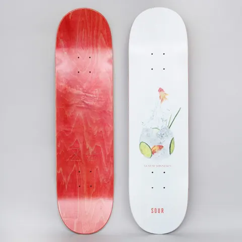 Sour Gustav G&T White skateboard deck: Both sides shown. The top shows a photographic gin and tonic in a round glass with ice, cucumber slices and two goldfish, one leaping out, on a white deck. The rider's name and a small red Sour logo sit below. The underside is red wood.