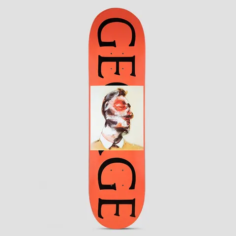 Thames MMXX Thames 8.125 George skateboard deck: Large black serif letters spelling GEORGE split across the top and bottom of a red-orange deck, with a square expressionist painting of a smeared, distorted head in a collared shirt in the centre.